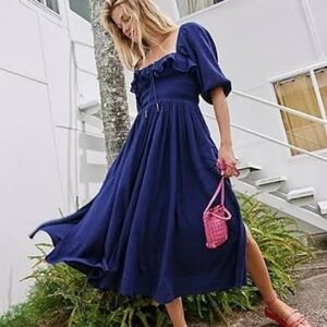 Free People Oasis Midi Dress in Navy Blue